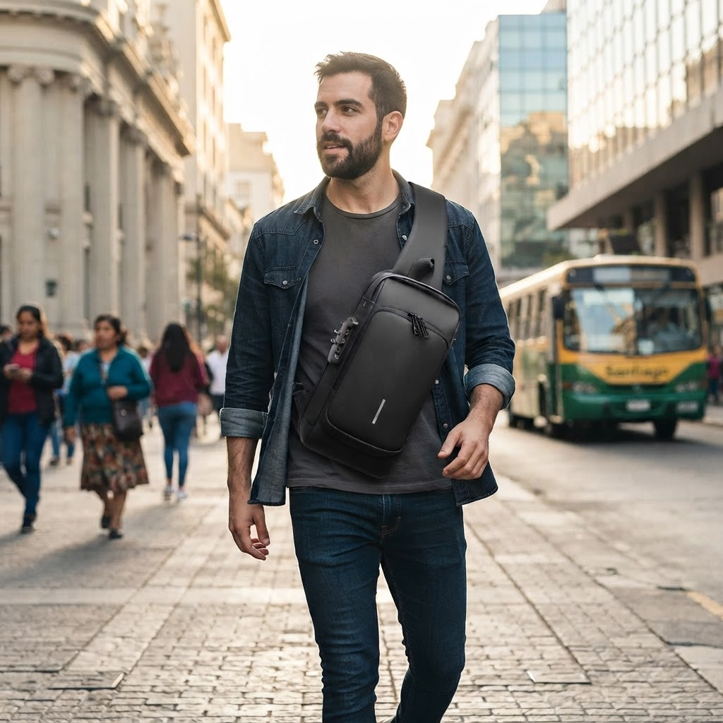 Bolso Antirrobo Cruzado con Puerto USB · Negro – en uso