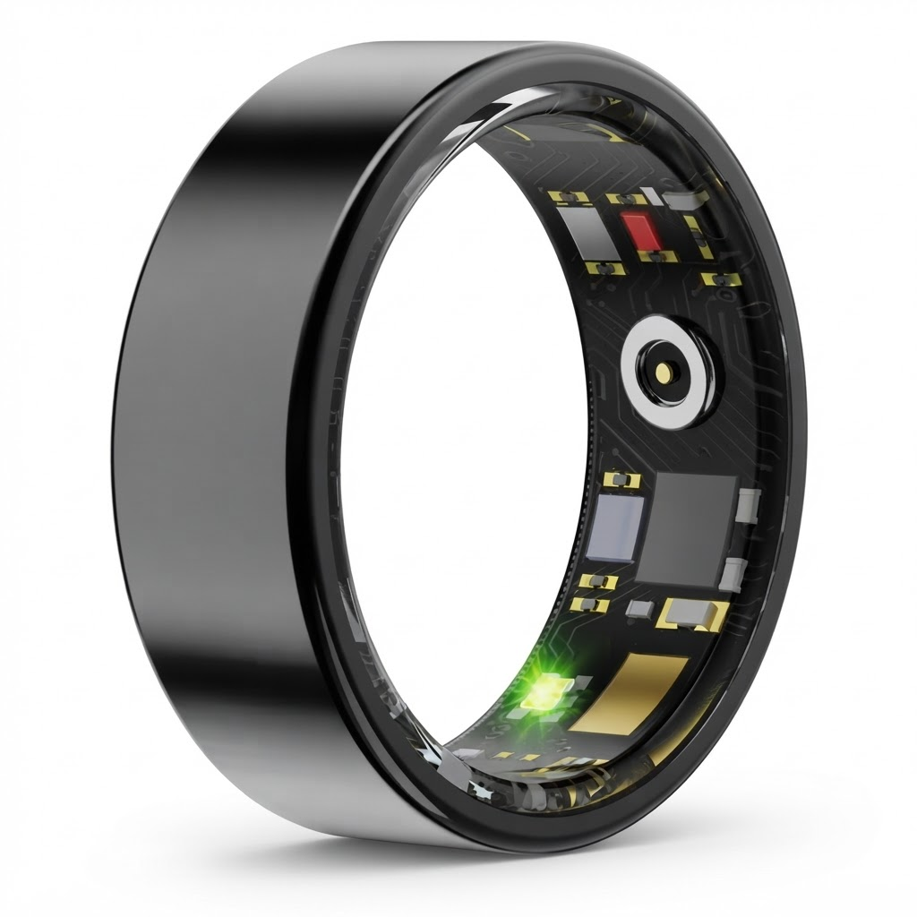 Anillo inteligente negro sobre fondo blanco
