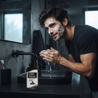 Jabón líquido facial de carbón para hombre en uso