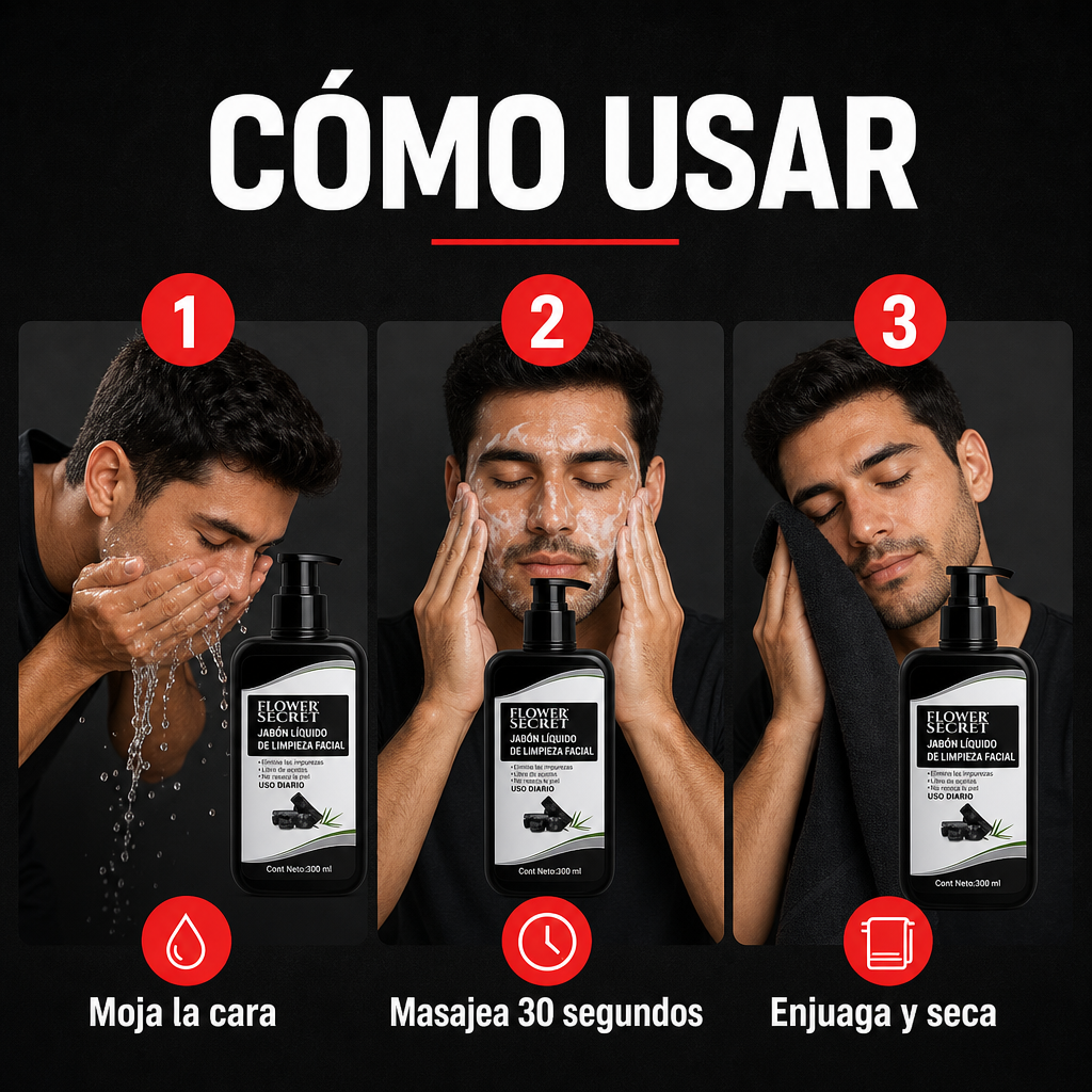 Jabón líquido facial de carbón para hombre · cómo usar