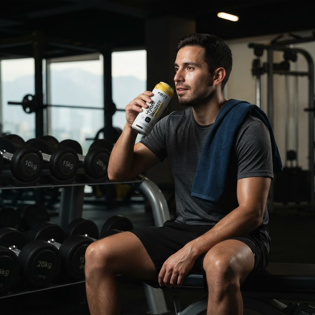 Hombre en el gimnasio con una lata Hydro Balance